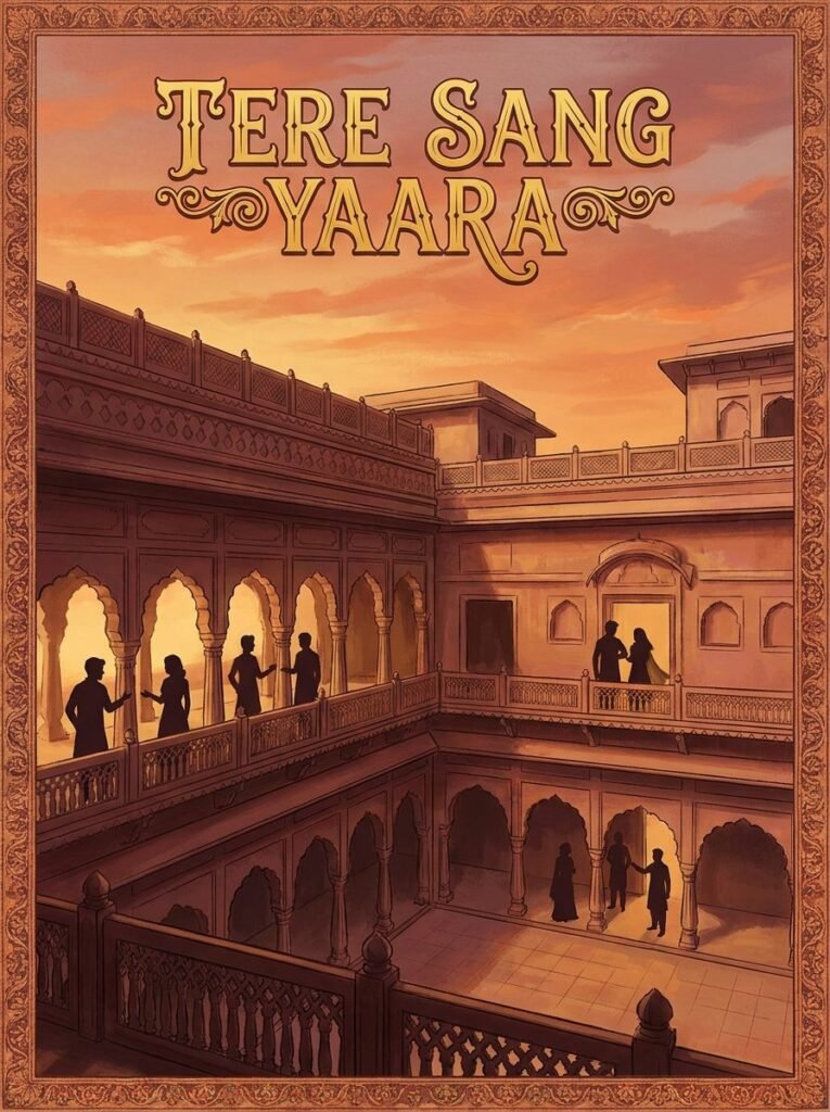 Tere Sang Yaara Urdu novel by Wafa Shah cover showing the Shah family at their feudal haveli