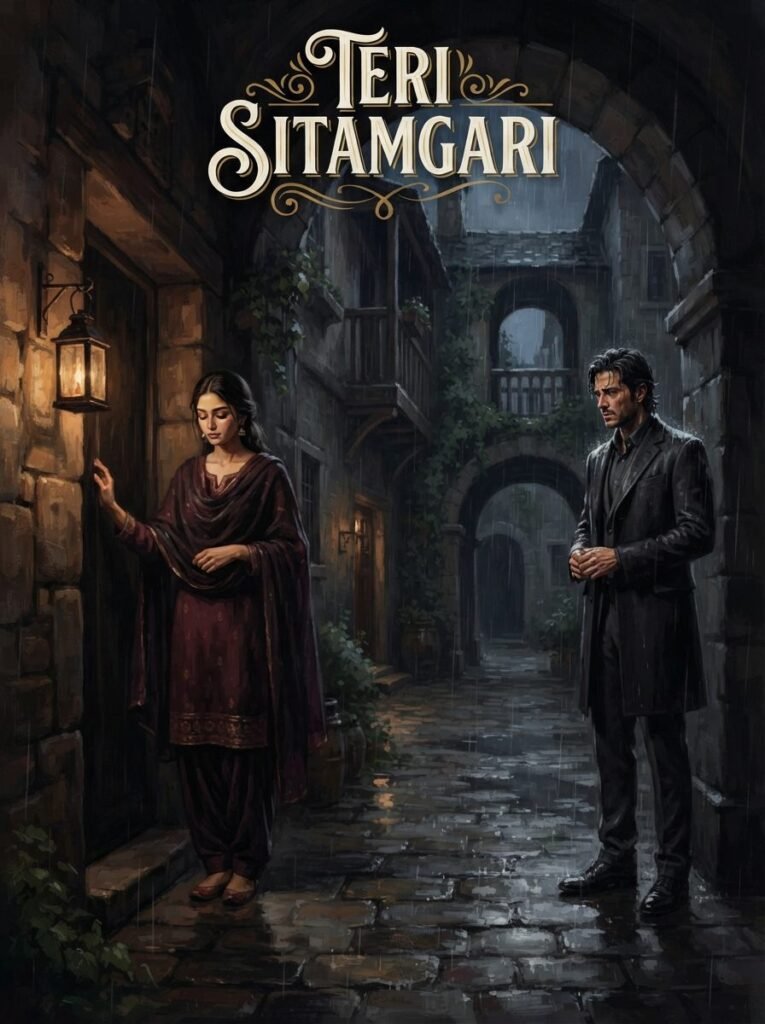 Teri Sitamgari Urdu novel by Abeeha Ali cover showing the heroine standing in a doorway while being watched