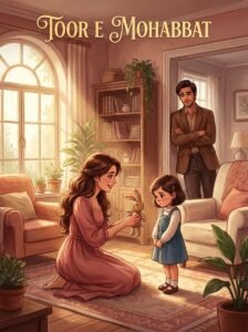 Toor e Mohabbat Urdu novel by Memona Nasrullah cover showing Noor offering a toy to young Aisha