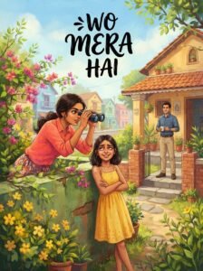 Wo Mera Hai Urdu novel by Nimra Ahmed cover showing Hani watching Farhad with binoculars