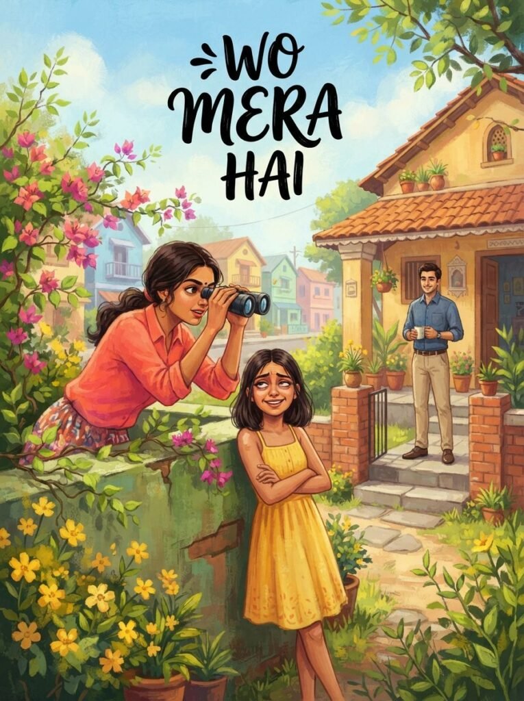 Wo Mera Hai Urdu novel by Nimra Ahmed cover showing Hani watching Farhad with binoculars