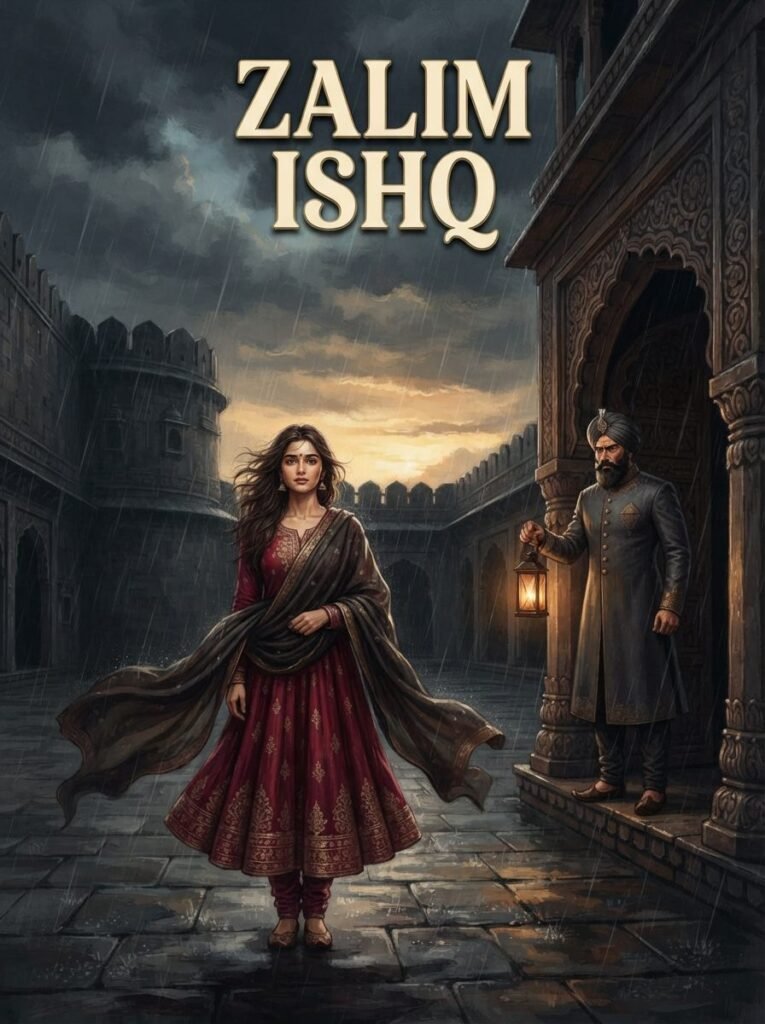 Zalim Ishq Urdu novel by Meerab cover showing Maira standing firm in a storm