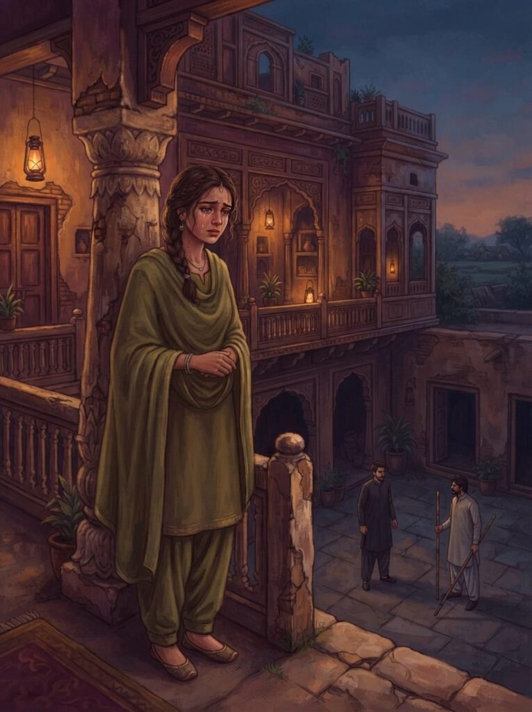 Bheegi Palko Par Naam Tumhara Hai Urdu novel by Areej Shah cover showing a woman on a haveli veranda watching men below