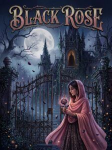 Black Rose Urdu novel by Samreen Shah cover showing Huma holding a rose at Zulfiqar Mansion