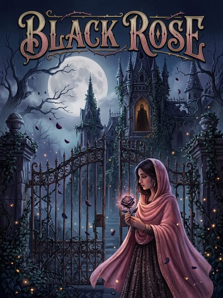 Black Rose Urdu novel by Samreen Shah cover showing Huma holding a rose at Zulfiqar Mansion