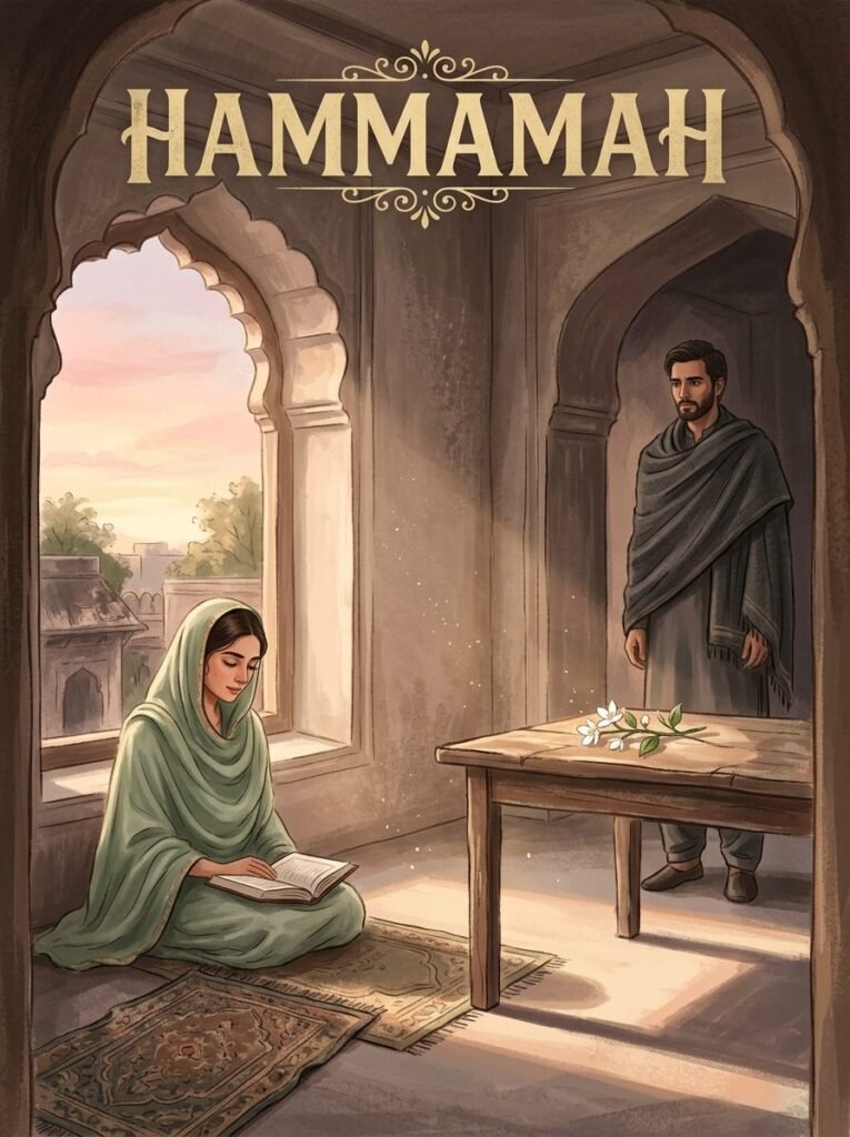 Hammamah Urdu novel by Hajra Idrees cover showing Hamama and Faris together indoors
