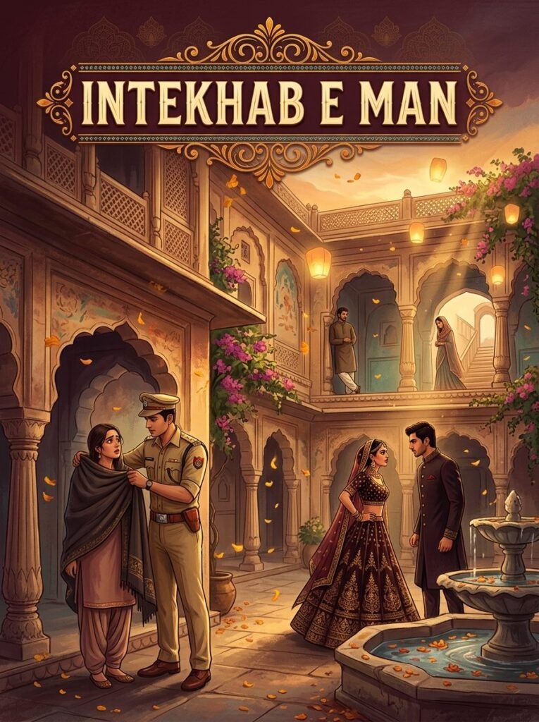 Intekhab e Man Urdu novel by Rabia Zeeshan cover showing figures in the Shah Haveli courtyard