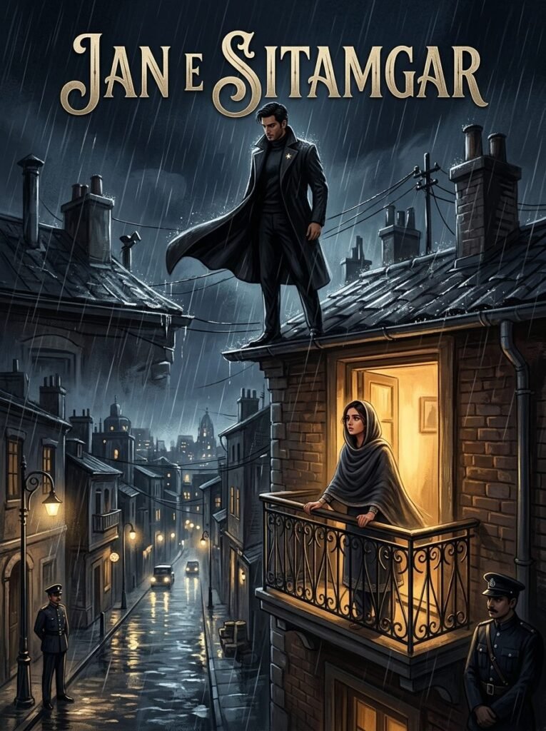 Jan e Sitamgar Urdu novel by Farwa Khalid cover showing a man watching from a rooftop