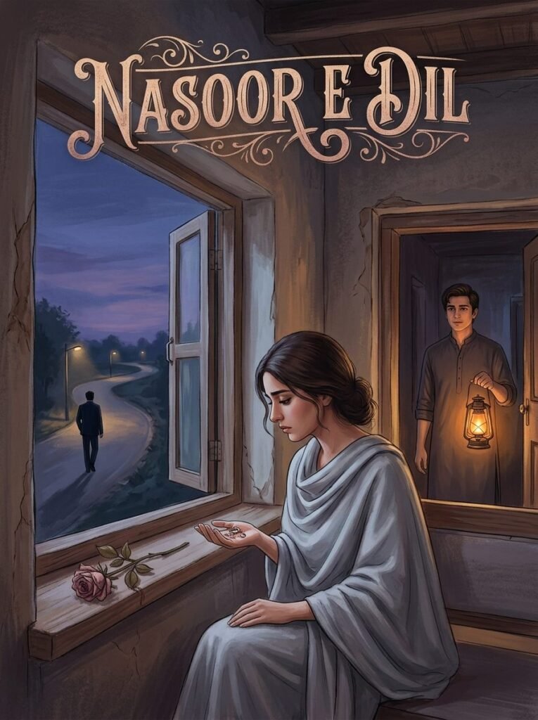 Nasoor e Dil Urdu novel by Nisha Umer cover showing Anzla holding a broken engagement ring