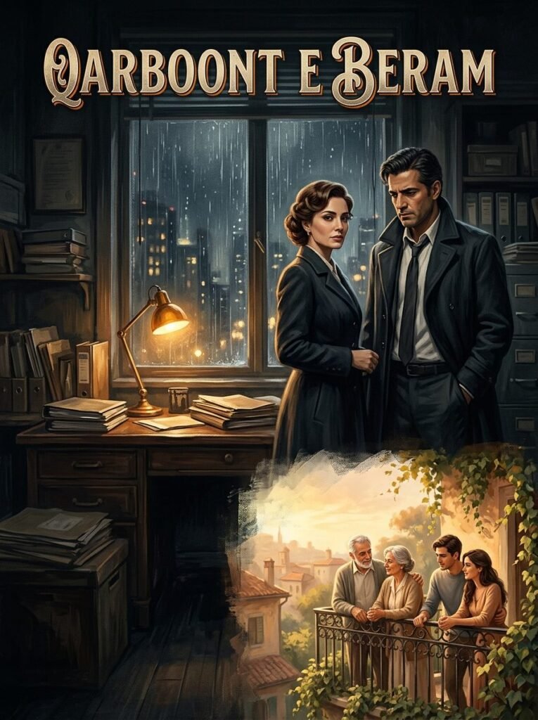 Qarboont e Beram Urdu novel by Samreen Shah cover showing Sikandar and Rimsha in an office