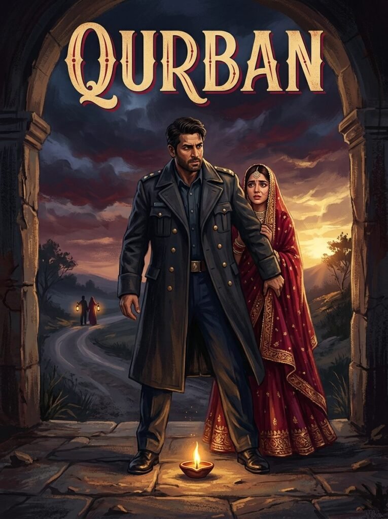 Qurban Urdu novel by S Merwa Mirza cover showing a man protecting a woman beside a lamp