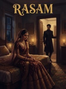 Rasam Urdu novel by Nabila Aziz cover showing Sheher Bano as a bride with Haroon standing in the doorway