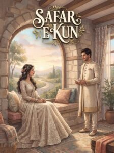 Safar e Kun Urdu novel by Aliza Ayat cover showing Aliza as a bride sitting near a window