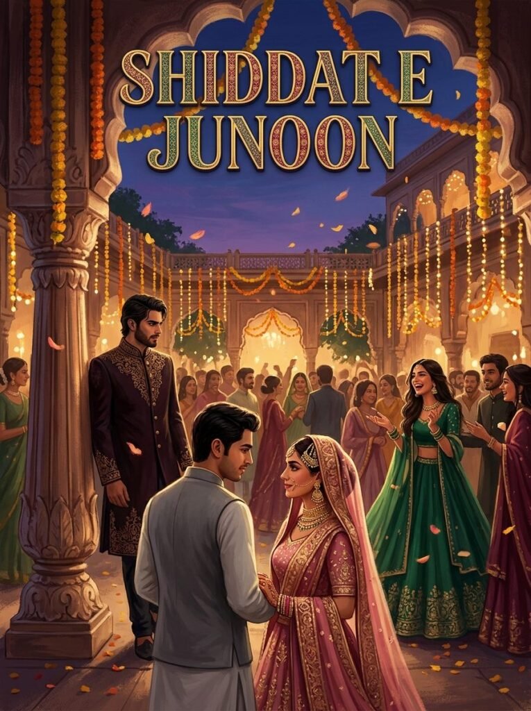 Shiddat e Junoon Urdu novel by Areej Shah cover showing Damiyar watching Izza at a wedding