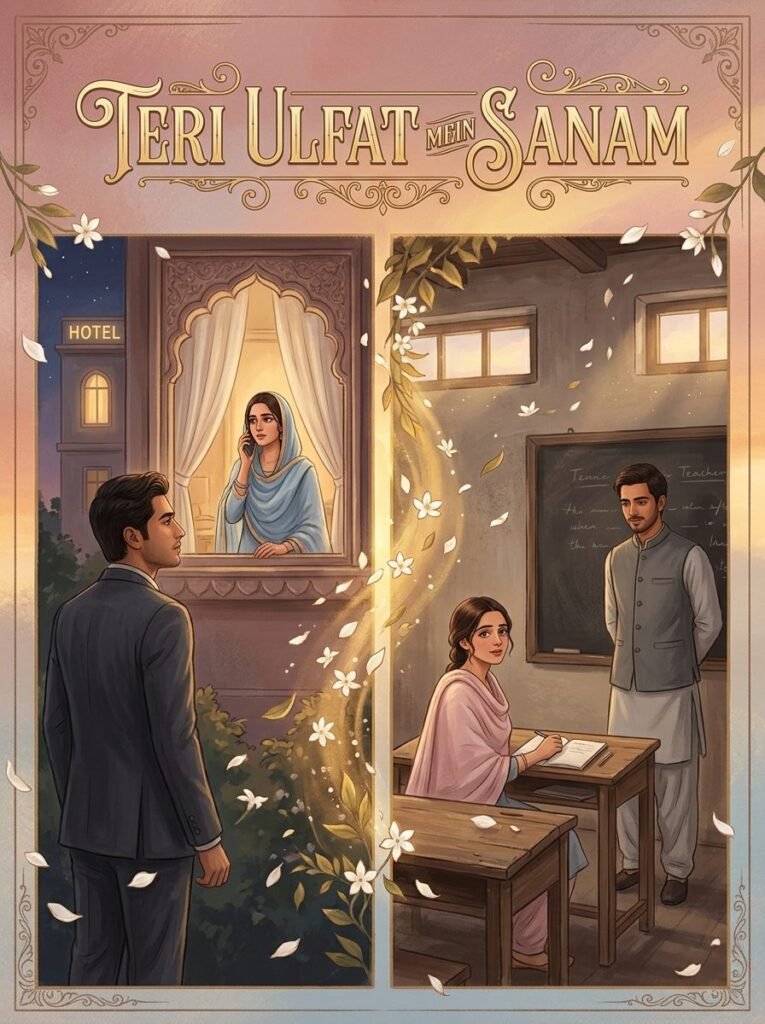Teri Ulfat Mein Sanam Urdu novel by Meem Ain cover showing two love stories as two scenes