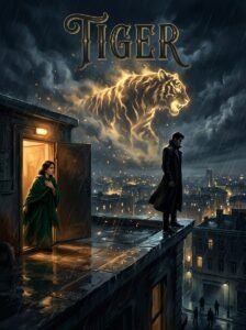 Tiger Urdu novel by Soni Mirza cover showing a man watching from a rooftop